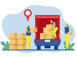 trabajador cargando cajas en camión entregando. cajas con mercancías. elemento de diseño sobre el tema de la entrega y el ilustrador en movimiento vector