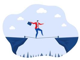 Businessman crossing  over mountain on tiny rope ,Overcoming High Risk Barriers Vector background illustration.