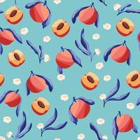 Seamless pattern with hand drawn peaches and floral elements. Fruit and floral design in bright colors. Colorful vector illustration.