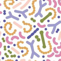 Microbiome seamless pattern. Probiotic bacteria background with lactobacillus, bifidobacteria, acidophilus. Flat simple vector illustration.