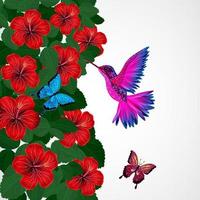 fondo de diseño floral. flores de hibisco con pájaro, mariposas. vector