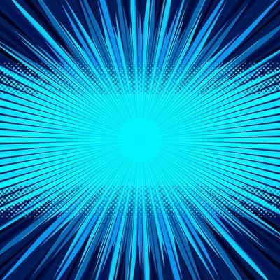 Abstract comic blue background for style pop art design. Retro burst template backdrop. Light rays effect. Vintage comic book style, halftone modern print texture, vector.
