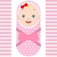 Smiling caucasian baby girl isolated on white background. Vector cartoon mascot. Holiday illustration to Birthday, Baby Shower.