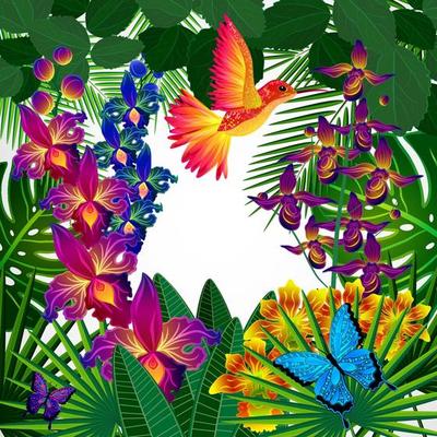 Floral design background. Tropical orchid flowers, birds and butterflies.