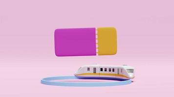 3D-Animation mit Sky-Train-Fahrkartenbuchung, Sommer-Eisenbahn-Reisedienst, Planung des Reisetourismus isoliert auf rosa Hintergrund. 3D-Darstellung video