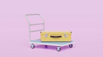 3d animation with warehouse trolley iconpile dollar banknote in yellow suitcase, platform trolley isolated on pink background. investment or business finance, loan concept, 3d render illustration video