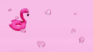 Animação 3D com flamingo inflável rosa, respingos de água isolados no fundo rosa. conceito de viagens de verão, ilustração de renderização 3d