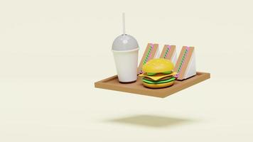 Animación 3d con hamburguesa o hamburguesa, sándwich, vaso en bandeja en marcha video
