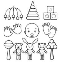 Set baby Icons, isolated line art on a white background. Cubes, pyramid, footprint, palmprint, rattle, teddy bear, bunny, rabbit, cat, bed carousel, face. vector