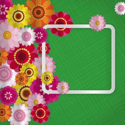 Spring congratulatory floral background. Festive paper flowers on a square light frame. Shaded noble green background. Vector greeting card with a holiday on March 8, Mother's Day, birthday.