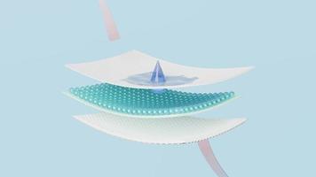 Capa absorbente de animación 3d y espectáculos de ventilación de flecha con cabello de fibra sintética, gotitas de agua para pañales, servilleta sanitaria, concepto adulto de pañales para bebés, ilustración de presentación 3d video