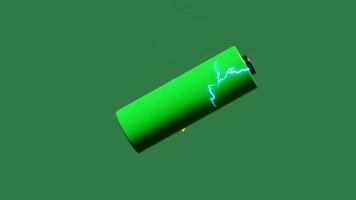 Animación 3D con trueno indicador de carga de batería aislado sobre fondo verde. concepto de tecnología de batería de carga, ilustración 3d, presentación 3d video