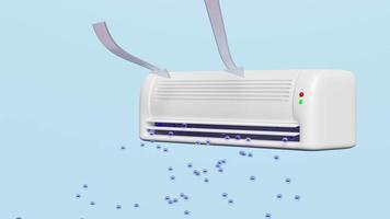 3D-animatie, airconditionersysteem met anion, ozon, pijlluchtstromen toont geïsoleerd op blauwe achtergrond. 3D render illustratie video