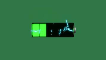 3d animation with battery charge indicator thunder isolated on green background. charging battery technology concept, 3d illustration, 3d render video