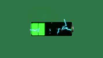 3d animation with battery charge indicator thunder isolated on green background. charging battery technology concept, 3d illustration, 3d render video