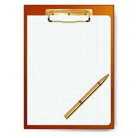 Clipboard, paper sheet, golden pen for business planning, to-do list. vector