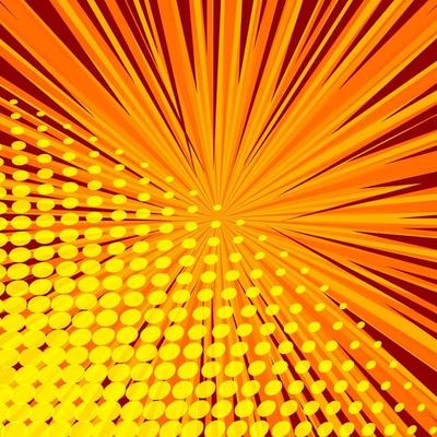 Abstract comic orange background for style pop art design. Retro burst template backdrop. Light rays effect. Vintage comic book style, halftone modern print texture, vector.