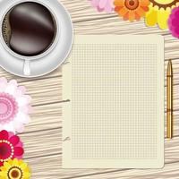 Cup of coffee, flowers, pen and paper on a wooden table. Greeting floral card. Vector flat lay design.