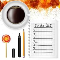 Notebook with a to-do list, a cup of coffee and a lollipop on a white background with grunge stains. vector