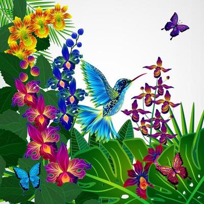 Floral design background. Tropical orchid flowers, birds and butterflies.