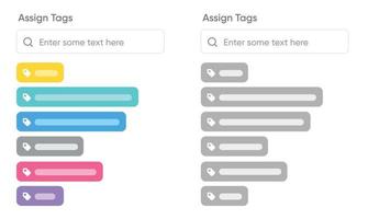 Assign tags, tags management. UX-UI tags generator. Can be used in the product interface. Skeleton screen to add a tag, assigning tags. vector