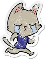 distressed sticker of a crying cartoon cat running away vector