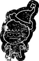 cartoon distressed icon of a annoyed man wearing santa hat vector