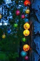 cadena de luces colgando del árbol. fiesta de jardin. Lugar romantico. luz de colores foto