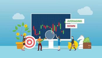 promediando el concepto de existencias con personas del equipo que trabajan en el gráfico y el gráfico del mercado de valores con un estilo plano moderno vector