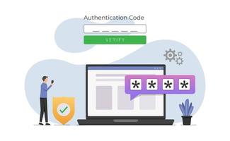 Concept of verification identity by password and security code. Authentication code for secure system vector illustration