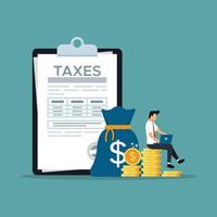 Tax report concept, businessman filling tax form documents online, tax day vector illustration