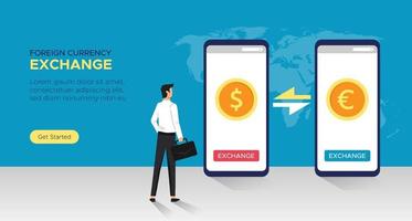 Foreign currency exchange service concept. Money exchange system online on smartphone app vector illustration