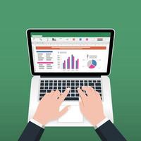 Spreadsheet on Laptop screen. Financial accounting report concept. office things for planning and accounting, analysis, audit, project management, marketing, research vector illustration.