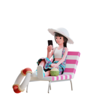 3d personagem de verão feminino aproveita as férias descansando na cadeira de praia segurando o telefone inteligente png