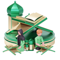 plantilla de banner de ramadan kareem con personaje de pareja musulmana 3d leyendo corán png