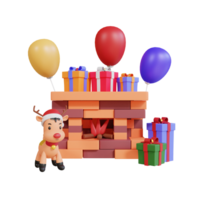 Fiesta de navidad 3d con chimenea, render y caja de regalo. png