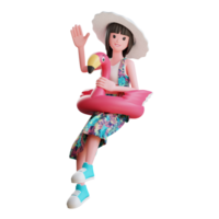 3d summer character female with flamingo buoy png