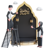 modello di banner ramadan kareem con personaggio di coppia musulmana 3d che fa celebrazione png