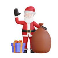 Santa claus mascot 3d character with christmas gift box and santa bag png