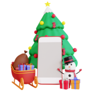 3d christmas gift box on slade with snwoman and smartphone png