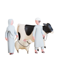 coppia musulmana del personaggio 3d che trasporta mucca e pecora per celebrare eid al adha mubarak png