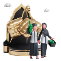 modelo de banner eid mubarak com personagem de casal muçulmano 3d e pódio png