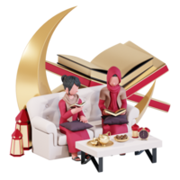 Ramadan kareem banner template with 3d muslim couple character reading holy quran png