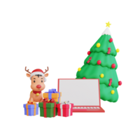 3d christmas tree, gift box , rendeer and laptop png