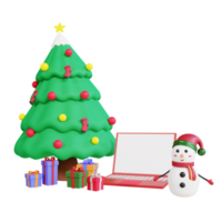 3d christmas tree, gift box , snowman and laptop
