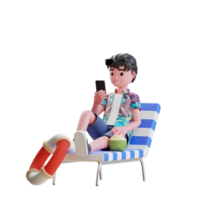 Personnage d'été 3d mâle profiter de vacances reposant sur une chaise de plage tenant un téléphone intelligent png