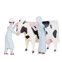 Pareja musulmana de personajes 3d con vaca encantadora para celebrar eid al adha mubarak png