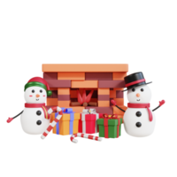 Fête de noël 3d avec cheminée, bonhomme de neige et coffret cadeau