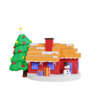 3d christmas tree, gift box and black hat snowman in christmas house png