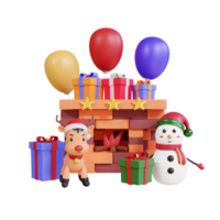 Fête de noël 3d avec cheminée, bonhomme de neige, rennes et coffret cadeau